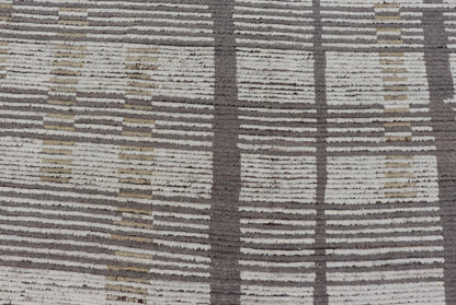 Oversized Afghan Modern Casual Abstract Rug in Muted Earthy Tones This large modern casual features earthy tones, starting with a homogeneous ivory background, with panes of horizontal stripes of taupe. The field features an abstract fo... - Keivan Woven ArtsAFGC - 43431 - 20163Rug