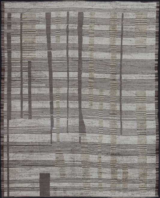 Oversized Afghan Modern Casual Abstract Rug in Muted Earthy Tones This large modern casual features earthy tones, starting with a homogeneous ivory background, with panes of horizontal stripes of taupe. The field features an abstract fo... - Keivan Woven ArtsAFGC - 43431 - 20163Rug