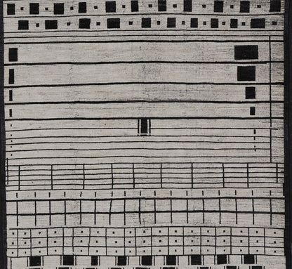 Palace Size Afghan Modern Casual Hand - Knotted in Wool With Black and White This oversized modern casual displays sub - geometric patterns on the top and bottom of the field, stacked above and below striped and boxed abstractions. The timeless ... - Keivan Woven ArtsAFGC - 43440 - 20151Rug