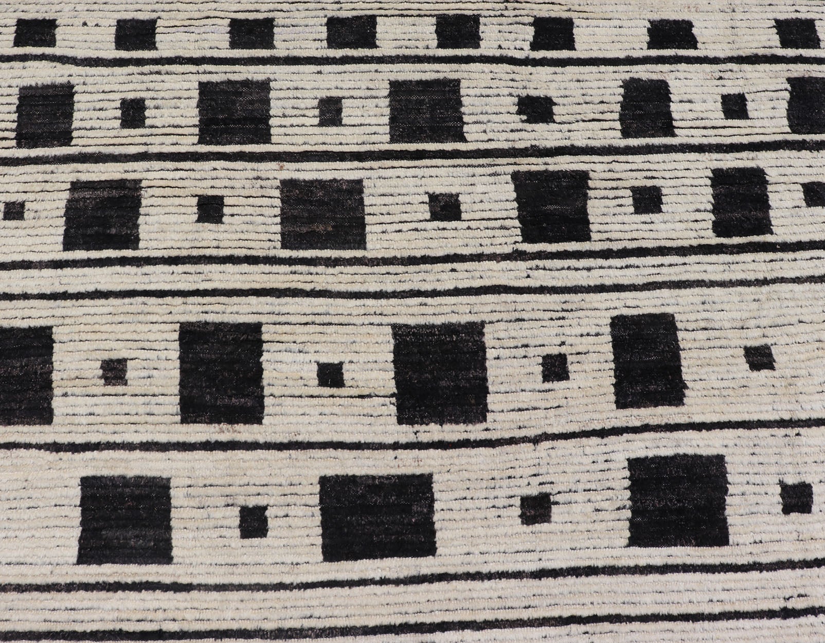 Palace Size Afghan Modern Casual Hand - Knotted in Wool With Black and White This oversized modern casual displays sub - geometric patterns on the top and bottom of the field, stacked above and below striped and boxed abstractions. The timeless ... - Keivan Woven ArtsAFGC - 43440 - 20151Rug
