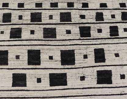 Palace Size Afghan Modern Casual Hand - Knotted in Wool With Black and White This oversized modern casual displays sub - geometric patterns on the top and bottom of the field, stacked above and below striped and boxed abstractions. The timeless ... - Keivan Woven ArtsAFGC - 43440 - 20151Rug