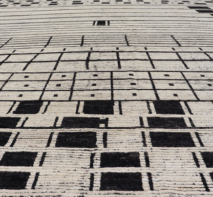 Palace Size Afghan Modern Casual Hand - Knotted in Wool With Black and White This oversized modern casual displays sub - geometric patterns on the top and bottom of the field, stacked above and below striped and boxed abstractions. The timeless ... - Keivan Woven ArtsAFGC - 43440 - 20151Rug