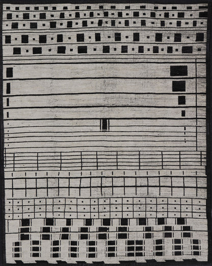Palace Size Afghan Modern Casual Hand - Knotted in Wool With Black and White This oversized modern casual displays sub - geometric patterns on the top and bottom of the field, stacked above and below striped and boxed abstractions. The timeless ... - Keivan Woven ArtsAFGC - 43440 - 20151Rug