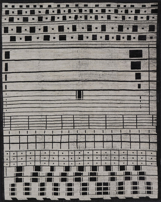 Palace Size Afghan Modern Casual Hand - Knotted in Wool With Black and White This oversized modern casual displays sub - geometric patterns on the top and bottom of the field, stacked above and below striped and boxed abstractions. The timeless ... - Keivan Woven ArtsAFGC - 43440 - 20151Rug