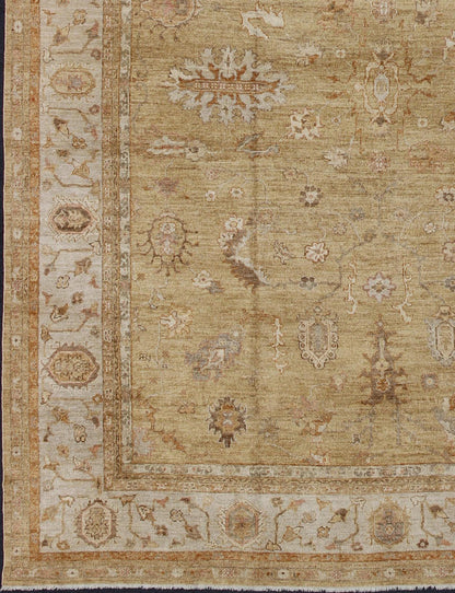 Large Angora Oushak Turkish Rug in Warm Colors of Taupe, Soft Gold, Brown, Cream. This beautiful taupe/gold color Oushak is made with a combination of angora wool and old wool. Featuring all organic materials, the Angora Collection is a modern - d... - Keivan Woven ArtsAN - 104988 - 6568Rug