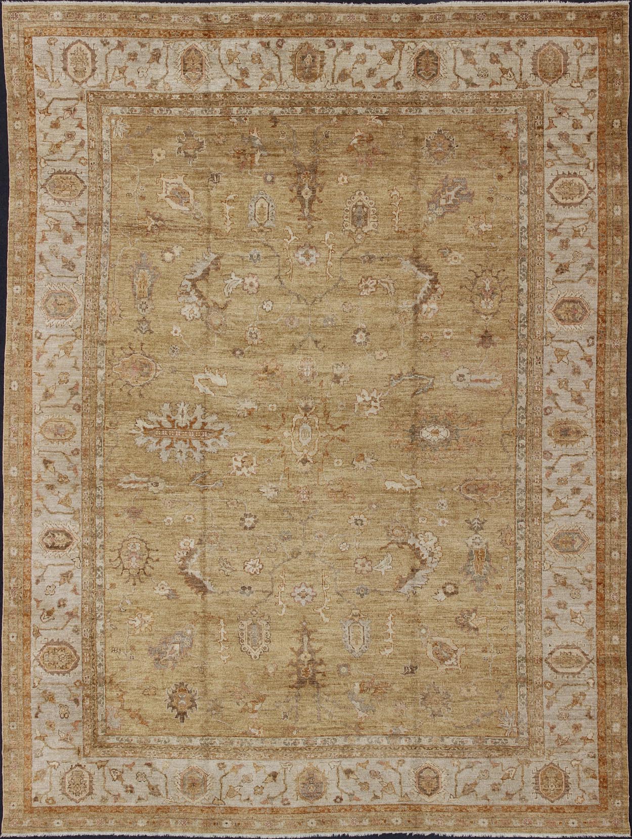 Large Angora Oushak Turkish Rug in Warm Colors of Taupe, Soft Gold, Brown, Cream. This beautiful taupe/gold color Oushak is made with a combination of angora wool and old wool. Featuring all organic materials, the Angora Collection is a modern - d... - Keivan Woven ArtsAN - 104988 - 6568Rug