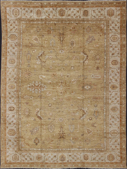 Large Angora Oushak Turkish Rug in Warm Colors of Taupe, Soft Gold, Brown, Cream. This beautiful taupe/gold color Oushak is made with a combination of angora wool and old wool. Featuring all organic materials, the Angora Collection is a modern - d... - Keivan Woven ArtsAN - 104988 - 6568Rug