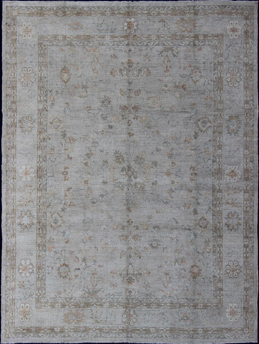 Large Turkish Angora Oushak Rug With All - Over Vining Floral Design in Neutral Colors, antique reproduction ushak, angora oushak. Keivan Woven Arts - Faded Turkish Oushak rug with all - over vining floral design in silver and cream and neutral colors, r... - Keivan Woven ArtsAN - 108394 - 1949