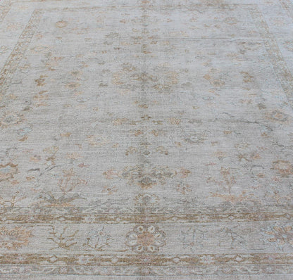 Large Turkish Angora Oushak Rug With All - Over Vining Floral Design in Neutral Colors, antique reproduction ushak, angora oushak. Keivan Woven Arts - Faded Turkish Oushak rug with all - over vining floral design in silver and cream and neutral colors, r... - Keivan Woven ArtsAN - 108394 - 1949Rug