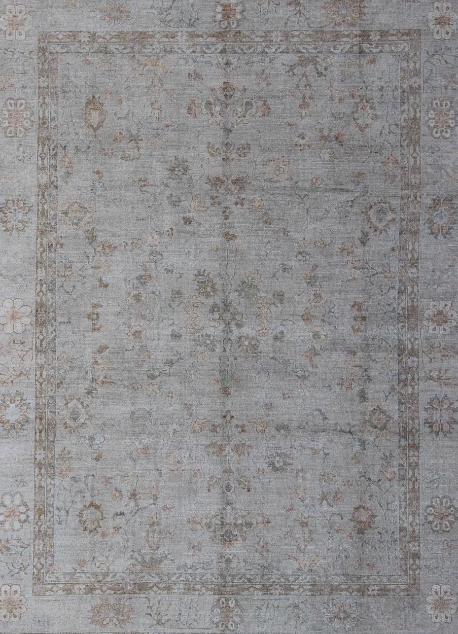 Large Turkish Angora Oushak Rug With All - Over Vining Floral Design in Neutral Colors, antique reproduction ushak, angora oushak. Keivan Woven Arts - Faded Turkish Oushak rug with all - over vining floral design in silver and cream and neutral colors, r... - Keivan Woven ArtsAN - 108394 - 1949Rug