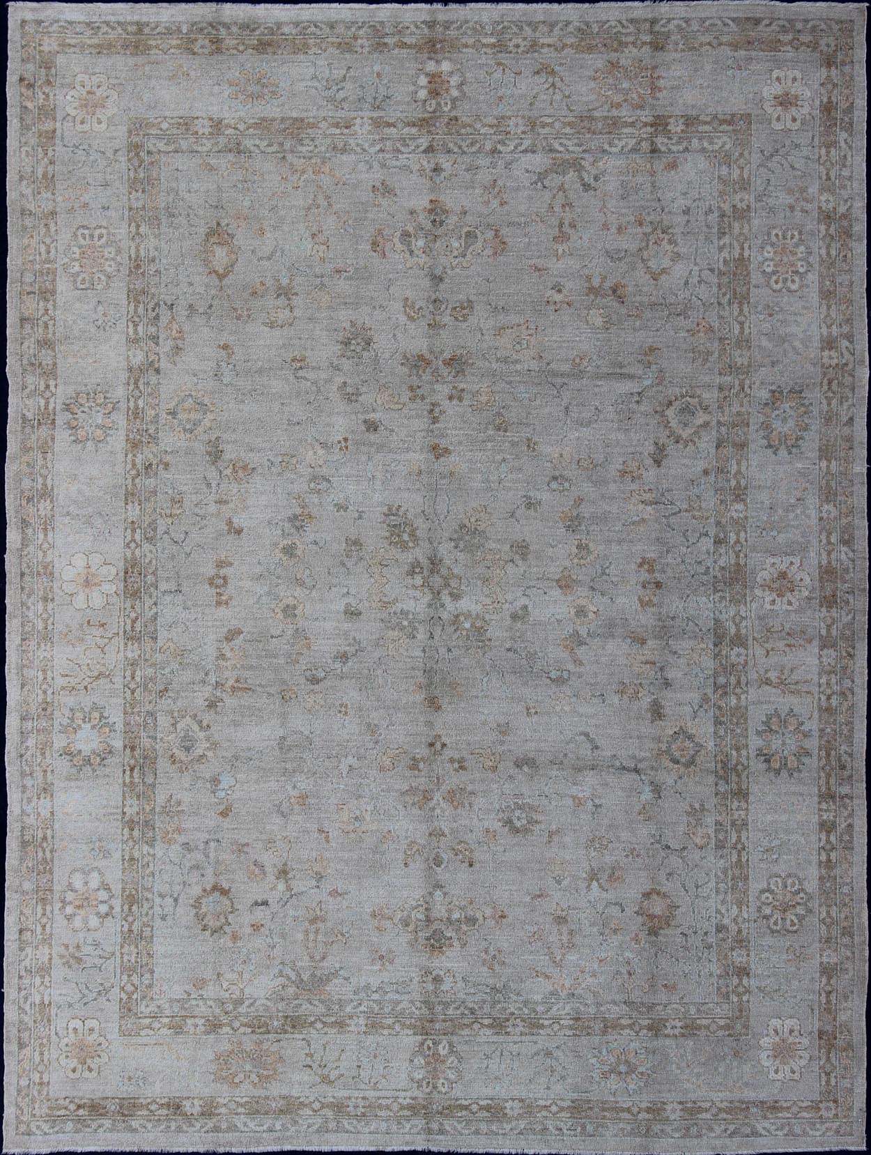 Large Turkish Angora Oushak Rug With All - Over Vining Floral Design in Neutral Colors, antique reproduction ushak, angora oushak. Keivan Woven Arts - Faded Turkish Oushak rug with all - over vining floral design in silver and cream and neutral colors, r... - Keivan Woven ArtsAN - 108394 - 1949Rug