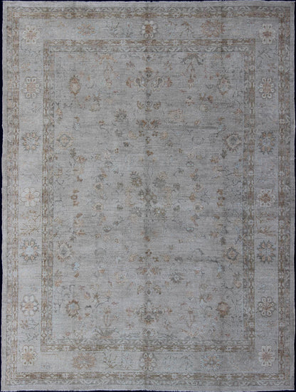 Large Turkish Angora Oushak Rug With All - Over Vining Floral Design in Neutral Colors, antique reproduction ushak, angora oushak. Keivan Woven Arts - Faded Turkish Oushak rug with all - over vining floral design in silver and cream and neutral colors, r... - Keivan Woven ArtsAN - 108394 - 1949Rug