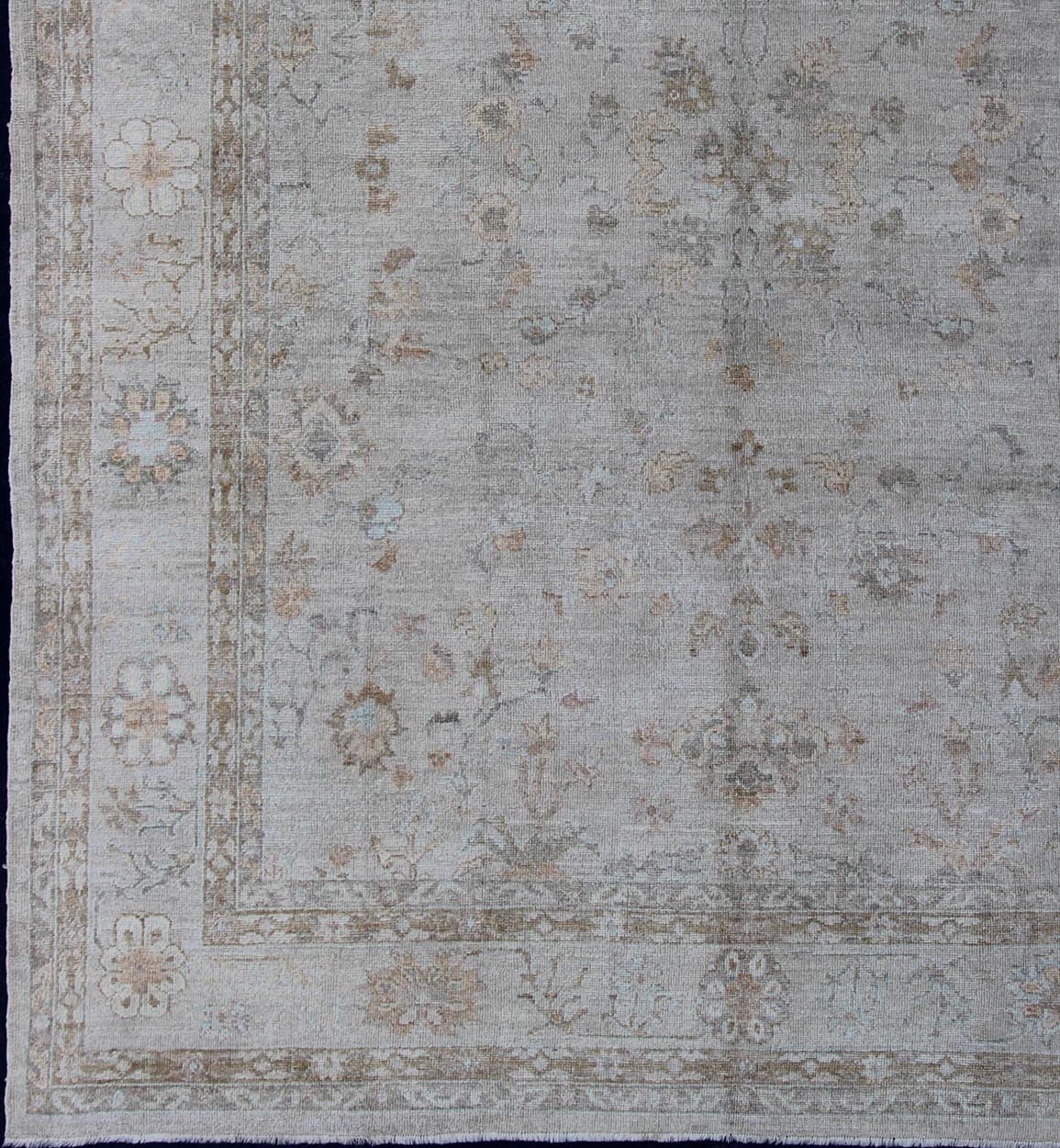 Large Turkish Angora Oushak Rug With All - Over Vining Floral Design in Neutral Colors, antique reproduction ushak, angora oushak. Keivan Woven Arts - Faded Turkish Oushak rug with all - over vining floral design in silver and cream and neutral colors, r... - Keivan Woven ArtsAN - 108394 - 1949Rug