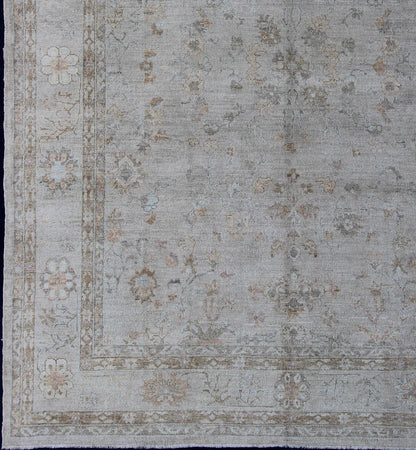 Large Turkish Angora Oushak Rug With All - Over Vining Floral Design in Neutral Colors, antique reproduction ushak, angora oushak. Keivan Woven Arts - Faded Turkish Oushak rug with all - over vining floral design in silver and cream and neutral colors, r... - Keivan Woven ArtsAN - 108394 - 1949Rug