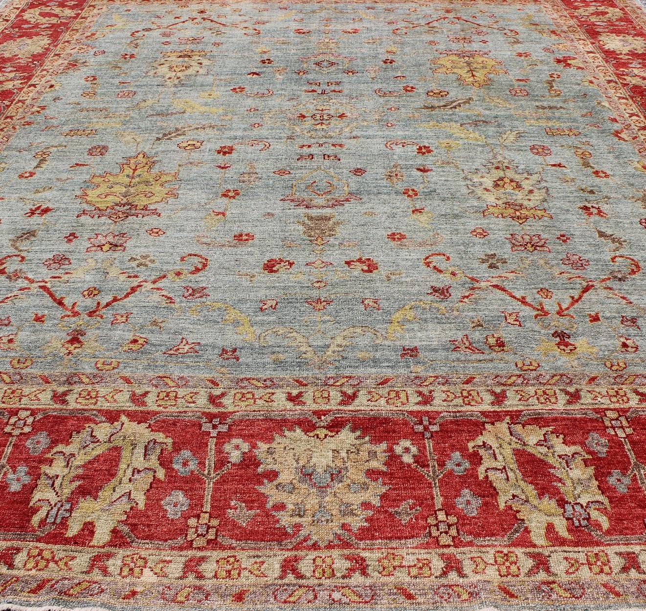 Angora Turkish Oushak Rug in Raspberry Red, Light Blue, Light Green & Butter. Angora collection is the finest Oushak reproductions. Keivan Woven Arts/ Rug/AN - 113926, Reproduction Angora Oushak. Measures:12'4 x 13'11 From our Angora Colle... - Keivan Woven ArtsAN - 113926 - 3253Rug