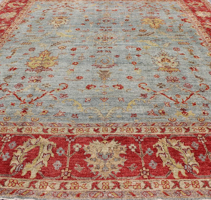 Angora Turkish Oushak Rug in Raspberry Red, Light Blue, Light Green & Butter. Angora collection is the finest Oushak reproductions. Keivan Woven Arts/ Rug/AN - 113926, Reproduction Angora Oushak. Measures:12'4 x 13'11 From our Angora Colle... - Keivan Woven ArtsAN - 113926 - 3253Rug