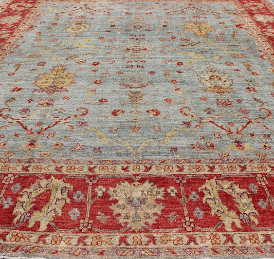 Angora Turkish Oushak Rug in Raspberry Red, Light Blue, Light Green & Butter. Angora collection is the finest Oushak reproductions. Keivan Woven Arts/ Rug/AN - 113926, Reproduction Angora Oushak. Measures:12'4 x 13'11 From our Angora Colle... - Keivan Woven ArtsAN - 113926 - 3253Rug