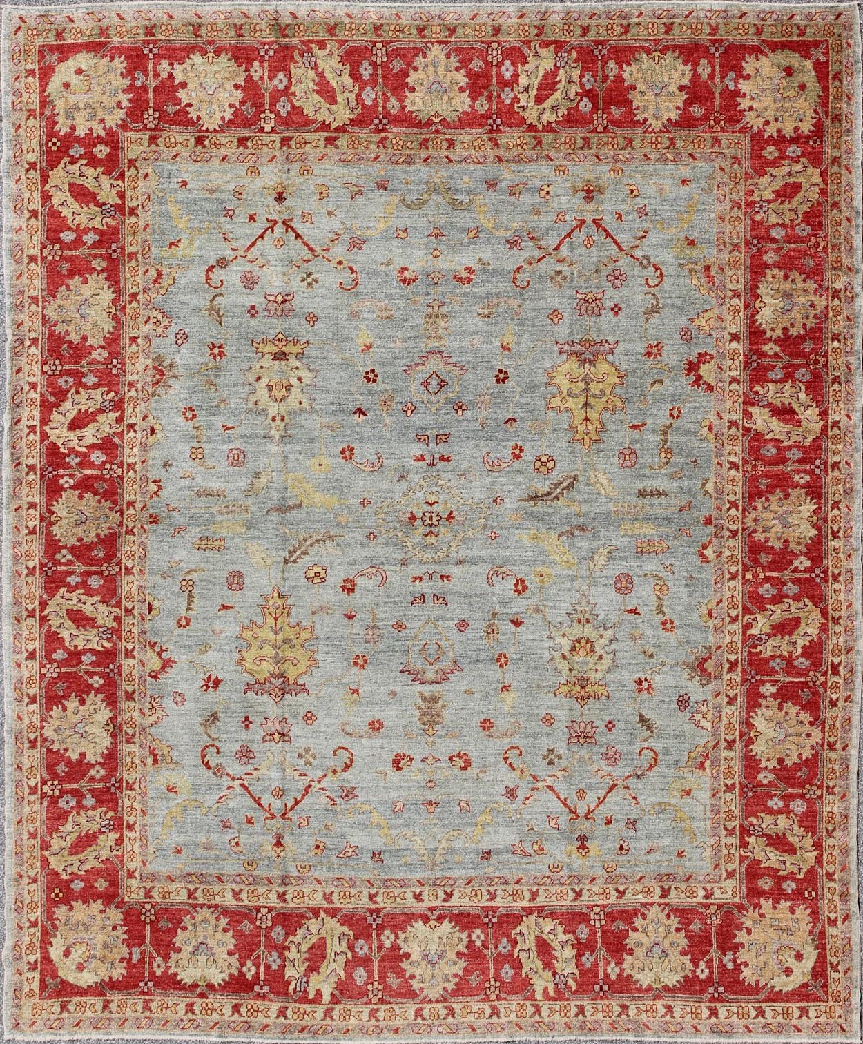 Angora Turkish Oushak Rug in Raspberry Red, Light Blue, Light Green & Butter. Angora collection is the finest Oushak reproductions. Keivan Woven Arts/ Rug/AN - 113926, Reproduction Angora Oushak. Measures:12'4 x 13'11 From our Angora Colle... - Keivan Woven ArtsAN - 113926 - 3253Rug