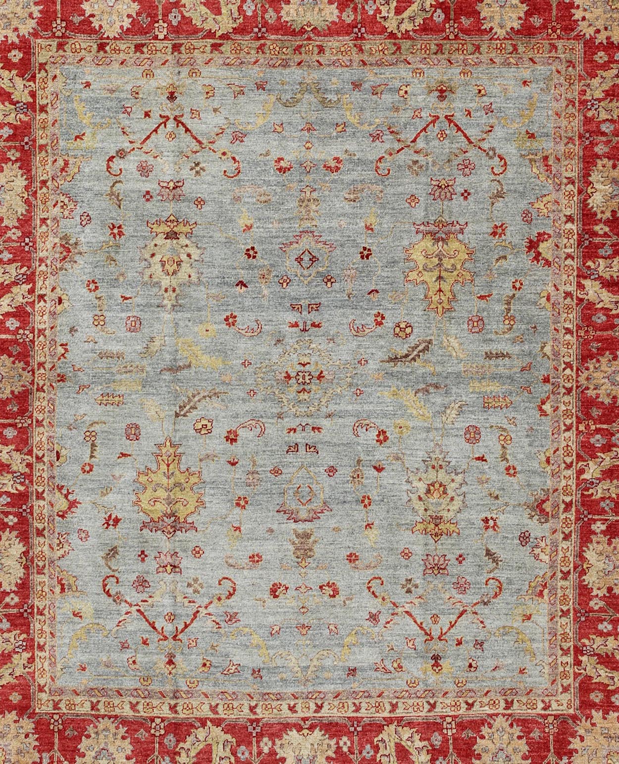 Angora Turkish Oushak Rug in Raspberry Red, Light Blue, Light Green & Butter. Angora collection is the finest Oushak reproductions. Keivan Woven Arts/ Rug/AN - 113926, Reproduction Angora Oushak. Measures:12'4 x 13'11 From our Angora Colle... - Keivan Woven ArtsAN - 113926 - 3253Rug