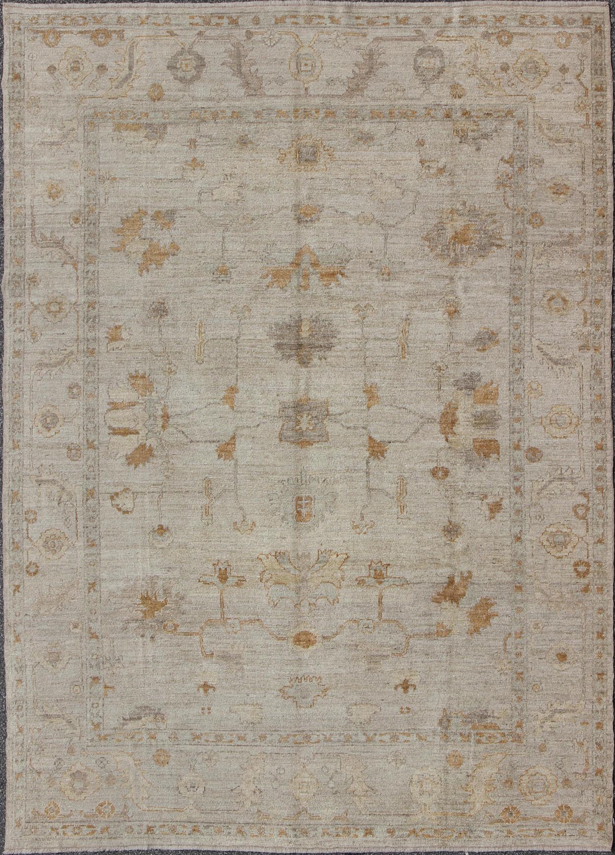 Angora Oushak Turkish Rug With Classic Oushak Design in Neutral Tones and Pop of Colors. Amazing Angora Turkish Classic Oushak Rug With Floral Motifs. Keivan Woven Arts/ rug AN - 114747. Measures: 8'7 x 11'5 Angora Turkish Classic... - Keivan Woven ArtsAN - 114747 - 3371Rug