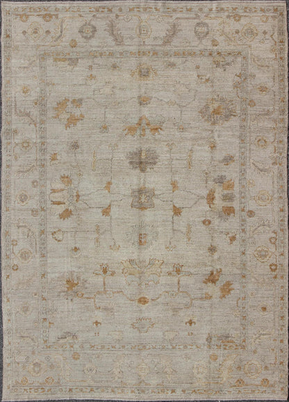 Angora Oushak Turkish Rug With Classic Oushak Design in Neutral Tones and Pop of Colors. Amazing Angora Turkish Classic Oushak Rug With Floral Motifs. Keivan Woven Arts/ rug AN - 114747. Measures: 8'7 x 11'5 Angora Turkish Classic... - Keivan Woven ArtsAN - 114747 - 3371Rug