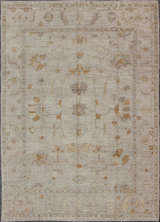 Angora Oushak Turkish Rug With Classic Oushak Design in Neutral Tones and Pop of Colors. Amazing Angora Turkish Classic Oushak Rug With Floral Motifs. Keivan Woven Arts/ rug AN - 114747. Measures: 8'7 x 11'5 Angora Turkish Classic... - Keivan Woven ArtsAN - 114747 - 3371Rug