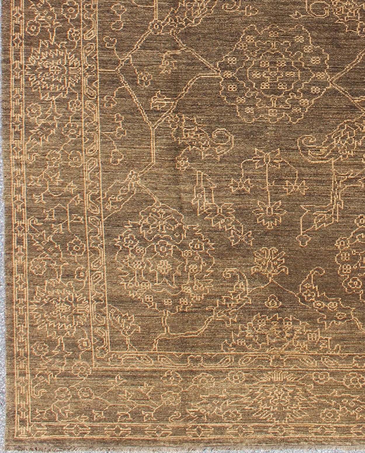 Fine Transitional Rug with Stylized Geometric Motifs in Brown and Light Blue Light brown and very finely woven Transitional rug in the brown background of light blue highlights, Keivan Woven Arts, rug AN - 115307, country of origin / type: Turkey ... - Keivan Woven ArtsAN - 115307 - 3728Rug