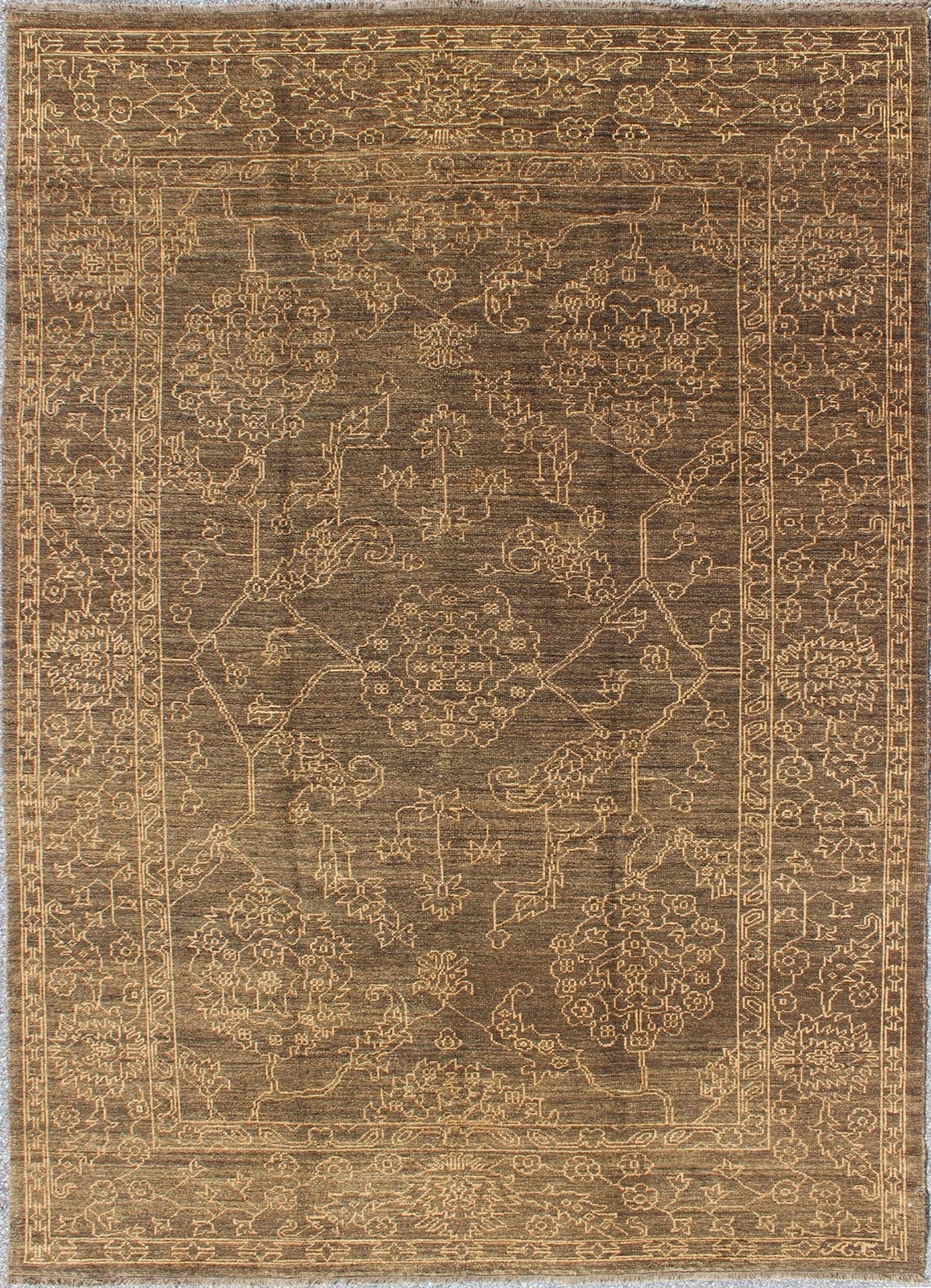 Fine Transitional Rug with Stylized Geometric Motifs in Brown and Light Blue Light brown and very finely woven Transitional rug in the brown background of light blue highlights, Keivan Woven Arts, rug AN - 115307, country of origin / type: Turkey ... - Keivan Woven ArtsAN - 115307 - 3728Rug