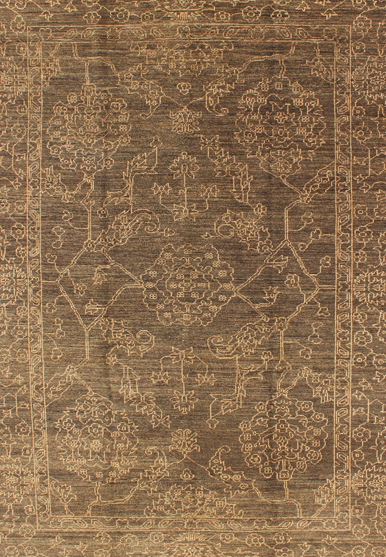 Fine Transitional Rug with Stylized Geometric Motifs in Brown and Light Blue Light brown and very finely woven Transitional rug in the brown background of light blue highlights, Keivan Woven Arts, rug AN - 115307, country of origin / type: Turkey ... - Keivan Woven ArtsAN - 115307 - 3728Rug