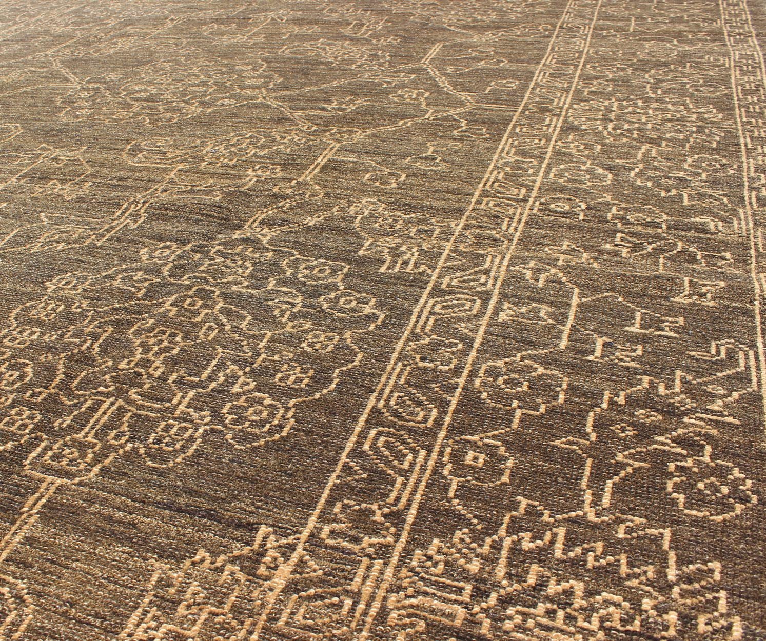 Fine Transitional Rug with Stylized Geometric Motifs in Brown and Light Blue Light brown and very finely woven Transitional rug in the brown background of light blue highlights, Keivan Woven Arts, rug AN - 115307, country of origin / type: Turkey ... - Keivan Woven ArtsAN - 115307 - 3728Rug