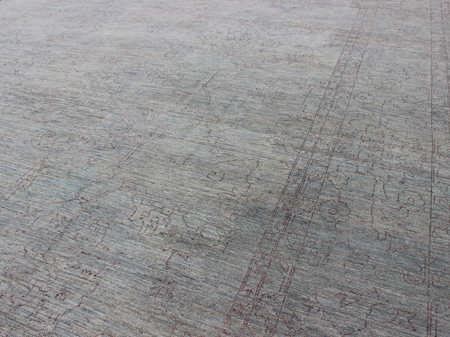 Keivan Woven Arts Finely made Transitional Rug with Stylized Geometric Motifs in Lavender and Light Blue Measures:12'2 x 15'1 finely woven Transitional rug in light blue background and lavender highlights, Keivan Woven Arts / rug AN - 1155... - Keivan Woven ArtsAN - 115547 - 3790Rug