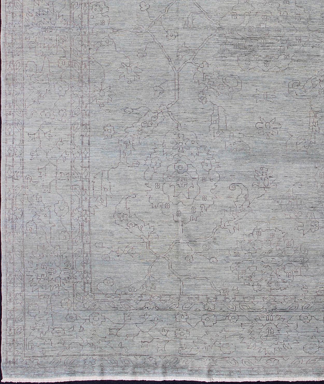 Keivan Woven Arts Finely made Transitional Rug with Stylized Geometric Motifs in Lavender and Light Blue Measures:12'2 x 15'1 finely woven Transitional rug in light blue background and lavender highlights, Keivan Woven Arts / rug AN - 1155... - Keivan Woven ArtsAN - 115547 - 3790Rug