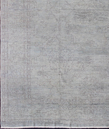 Keivan Woven Arts Finely made Transitional Rug with Stylized Geometric Motifs in Lavender and Light Blue Measures:12'2 x 15'1 finely woven Transitional rug in light blue background and lavender highlights, Keivan Woven Arts / rug AN - 1155... - Keivan Woven ArtsAN - 115547 - 3790Rug