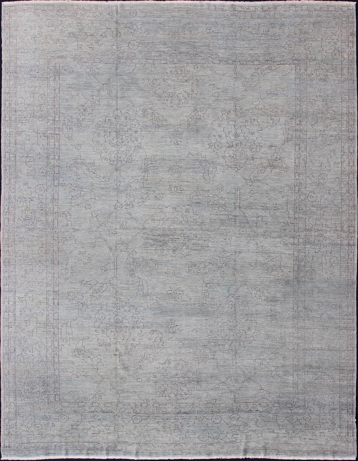 Keivan Woven Arts Finely made Transitional Rug with Stylized Geometric Motifs in Lavender and Light Blue Measures:12'2 x 15'1 finely woven Transitional rug in light blue background and lavender highlights, Keivan Woven Arts / rug AN - 1155... - Keivan Woven ArtsAN - 115547 - 3790Rug