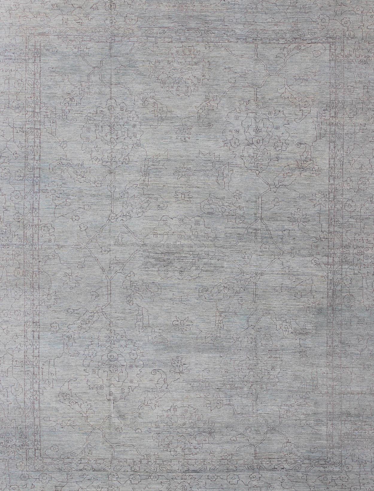 Keivan Woven Arts Finely made Transitional Rug with Stylized Geometric Motifs in Lavender and Light Blue Measures:12'2 x 15'1 finely woven Transitional rug in light blue background and lavender highlights, Keivan Woven Arts / rug AN - 1155... - Keivan Woven ArtsAN - 115547 - 3790Rug