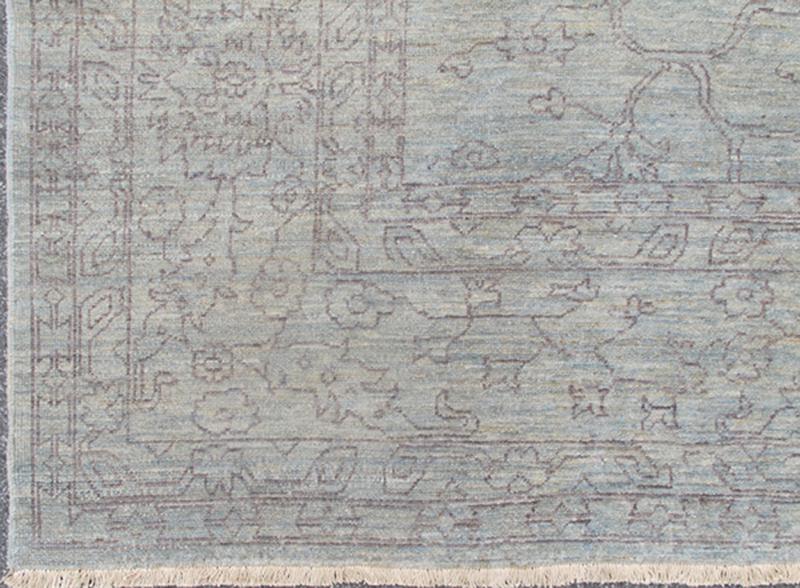 Fine Transitional Rug with Stylized Geometric Motifs in Lavender and Light Blue Light lavender and very finely woven Transitional rug in light blue background of lavender highlights, rug AN - 115548, country of origin / type: Turkey / Tribal ... - Keivan Woven ArtsAN - 115548 - 3794Rug