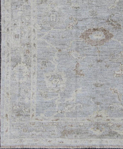 Angora Oushak Turkish Gallery Rug in Shades of Light Blue, Silver and Taupe. From our Angora collection, this piece is made with a combination of angora and old wool. Featuring all organic materials, the Angora collection is a modern - day remake of ... - Keivan Woven ArtsAN - 123329 - 6600Rug
