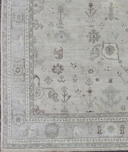 Large Turkish Oushak Rug with Floral Bouquet Motifs in Gray, Taupe & Lavender: Made with a combination of angora and old wool, this magnificent vintage Turkish Oushak boasts an all - over design in a large - scale style. The plentiful floral and bouquet mo... - Keivan Woven ArtsAN - 123660 - 7028Rug