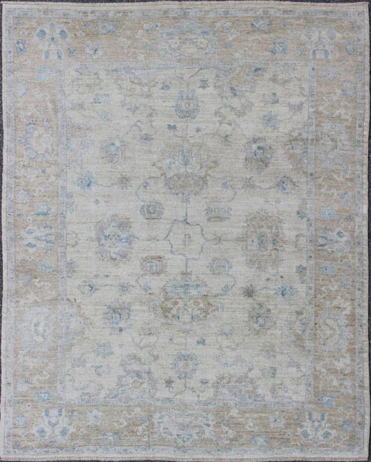 Angora Oushak Turkish Rug in Cream, Taupe, Silver, and Hints of Faded Blue. Blue, Gray, cream, taupe, and light blue Angora rug from Turkey, rug AN - 123666, country of origin / type: Turkey / Angora Oushak From our Angora collection, this... - Keivan Woven ArtsAN - 123666 - 7036Rug
