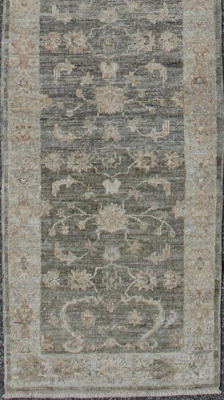 Angora Oushak Long Turkish Runner in Gray Green Background & Light Green Border. Green grey, grey, light yellow green angora Oushak runner from Turkey, rug AN - 123970, country of origin / type: Turkey / Angora Oushak From our Angora Colle... - Keivan Woven ArtsAN - 123970 - 7058Rug