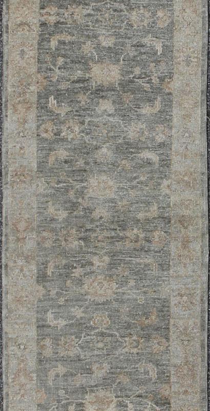 Angora Oushak Long Turkish Runner in Gray Green Background & Light Green Border. Green grey, grey, light yellow green angora Oushak runner from Turkey, rug AN - 123970, country of origin / type: Turkey / Angora Oushak From our Angora Colle... - Keivan Woven ArtsAN - 123970 - 7058Rug