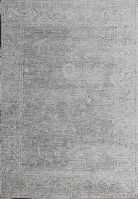 Large Turkish Angora Oushak Rug with All - Over Vining Floral Design in Neutral. Faded Turkish Oushak rug with all - over vining floral design in silver, muted green, and cream and neutral colors, rug AN - 108394, country of origin / type: Turkey / O... - Keivan Woven ArtsAN - 126256 - 7801Rug