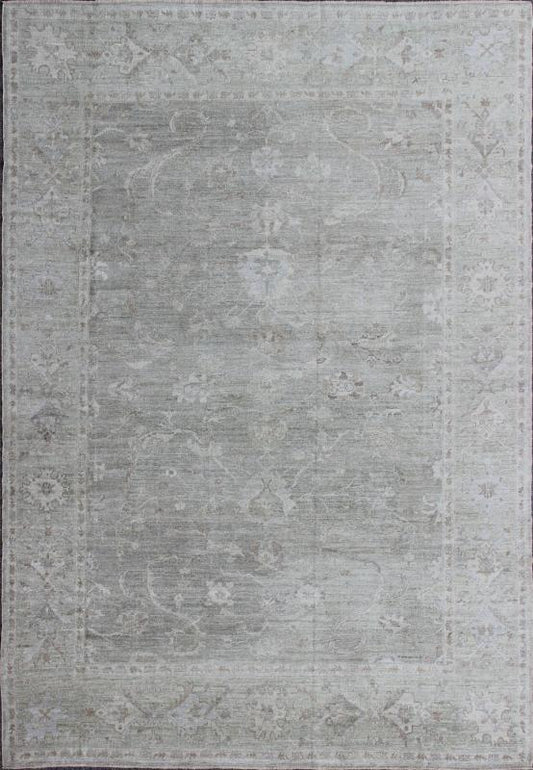 Large Turkish Angora Oushak Rug with All - Over Vining Floral Design in Neutral. Faded Turkish Oushak rug with all - over vining floral design in silver, muted green, and cream and neutral colors, rug AN - 108394, country of origin / type: Turkey / O... - Keivan Woven ArtsAN - 126256 - 7801Rug