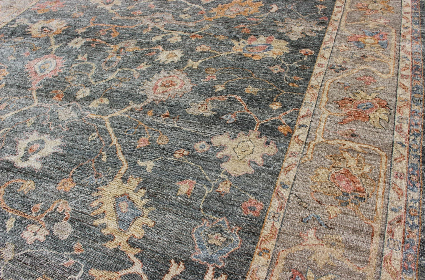 Angora Turkish Oushak Rug in Dark Green Background and Light Grey Border, rug from Turkey, rug an - 134564, country of origin / type: Turkey / Angora Oushak From our Angora Collection, this piece is made with a combination of angora and old wool. ... - Keivan Woven ArtsAN - 134564 - 10597Rug