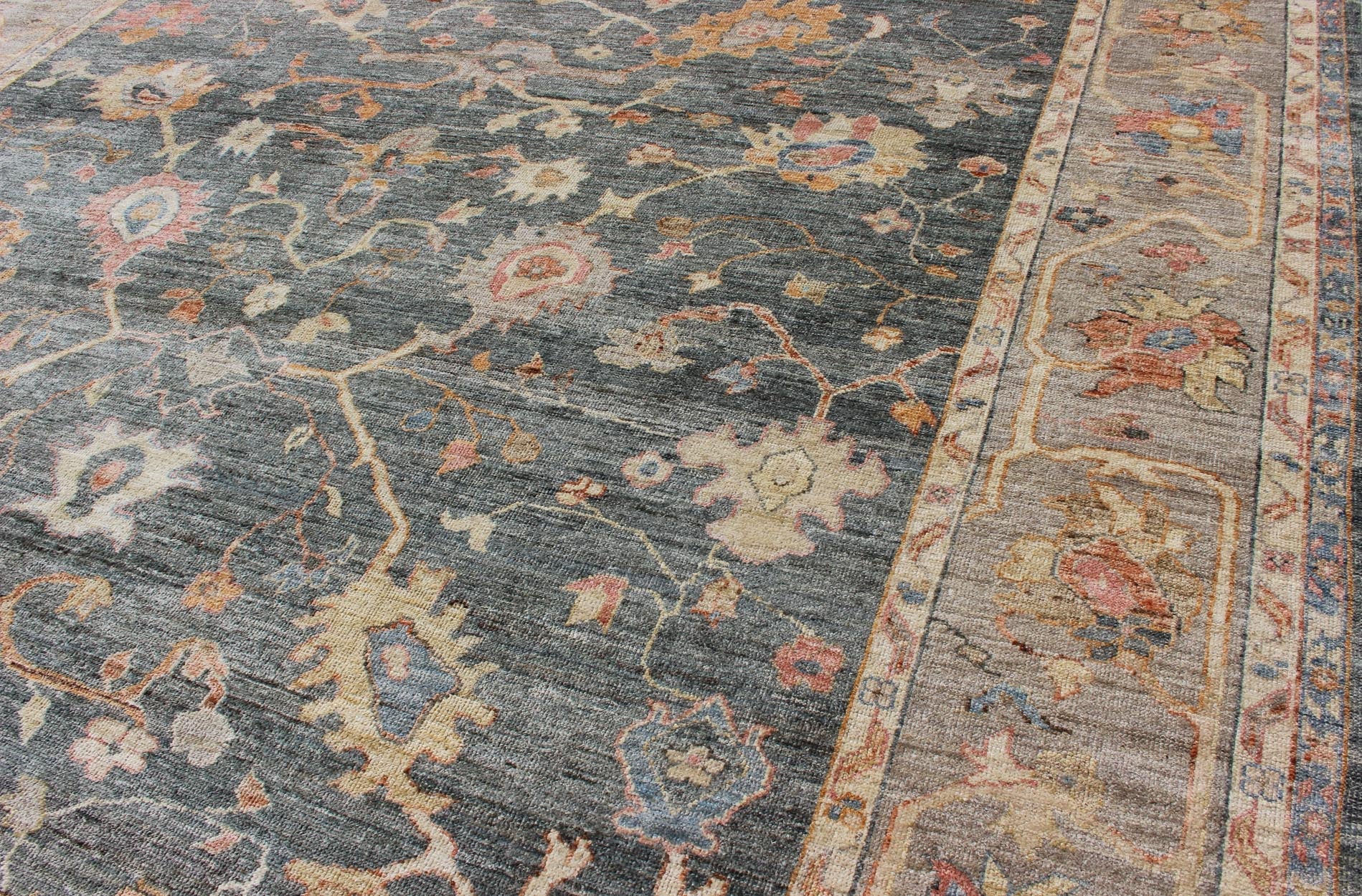 Angora Turkish Oushak Rug in Dark Green Background and Light Grey Border, rug from Turkey, rug an - 134564, country of origin / type: Turkey / Angora Oushak From our Angora Collection, this piece is made with a combination of angora and old wool. ... - Keivan Woven ArtsAN - 134564 - 10597Rug