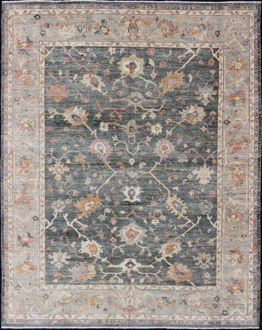Angora Turkish Oushak Rug in Dark Green Background and Light Grey Border, rug from Turkey, rug an - 134564, country of origin / type: Turkey / Angora Oushak From our Angora Collection, this piece is made with a combination of angora and old wool. ... - Keivan Woven ArtsAN - 134564 - 10597