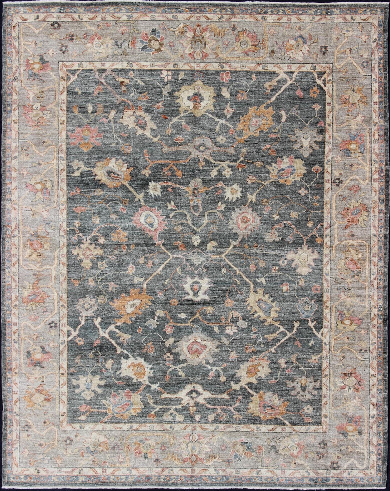 Angora Turkish Oushak Rug in Dark Green Background and Light Grey Border, rug from Turkey, rug an - 134564, country of origin / type: Turkey / Angora Oushak From our Angora Collection, this piece is made with a combination of angora and old wool. ... - Keivan Woven ArtsAN - 134564 - 10597Rug