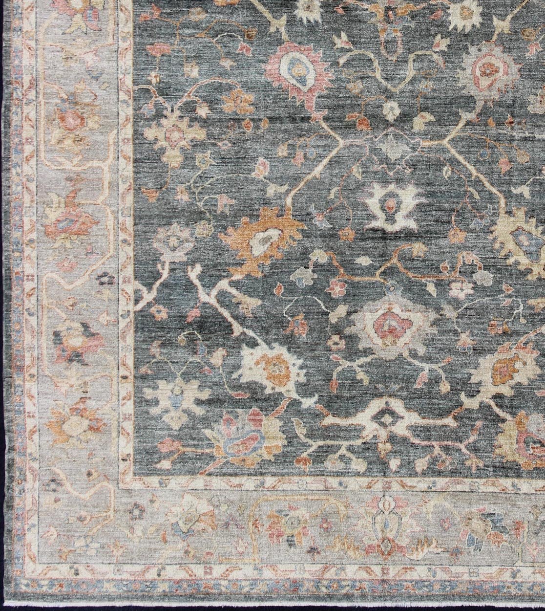Angora Turkish Oushak Rug in Dark Green Background and Light Grey Border, rug from Turkey, rug an - 134564, country of origin / type: Turkey / Angora Oushak From our Angora Collection, this piece is made with a combination of angora and old wool. ... - Keivan Woven ArtsAN - 134564 - 10597Rug