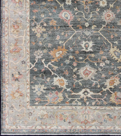 Angora Turkish Oushak Rug in Dark Green Background and Light Grey Border, rug from Turkey, rug an - 134564, country of origin / type: Turkey / Angora Oushak From our Angora Collection, this piece is made with a combination of angora and old wool. ... - Keivan Woven ArtsAN - 134564 - 10597Rug
