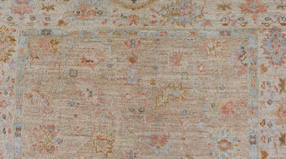 Turkish Oushak Floral Design with Color on A Taupe Field and Ivory Border This hand - knotted Oushak has a sub - floral Oushak design that spreads on the the field, rendered in coral, salmon, light blue, gold, and green. The background of the field... - Keivan Woven ArtsAN - 149322 - 19923Rug
